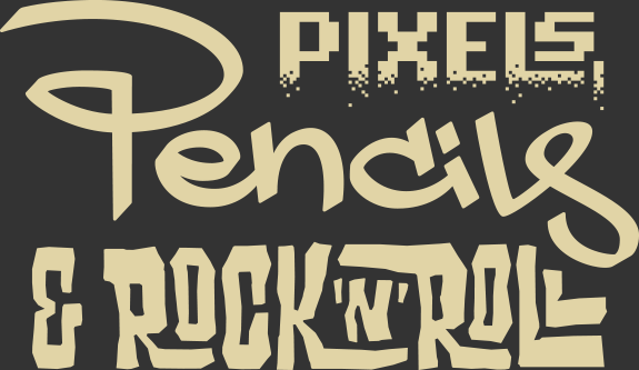Typographic treatment for the heading Pixels, Pencils and Rock 'n' Roll